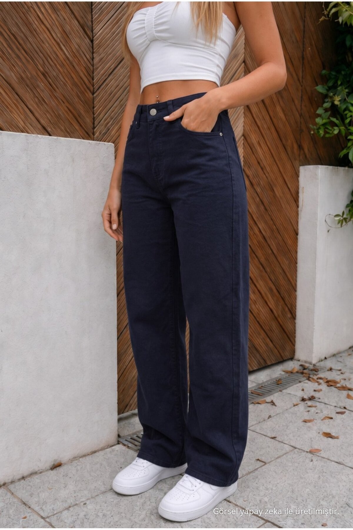High-waisted, wide-leg, loose-fitting, stretchy palazzo jeans in dark navy. - MALLTURK