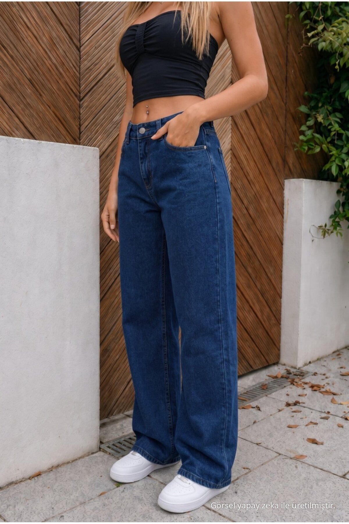 High-waisted, wide-leg, loose-fitting, stretchy palazzo jeans in navy blue. - MALLTURK
