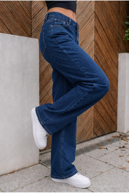 High-waisted, wide-leg, loose-fitting, stretchy palazzo jeans in navy blue. - MALLTURK
