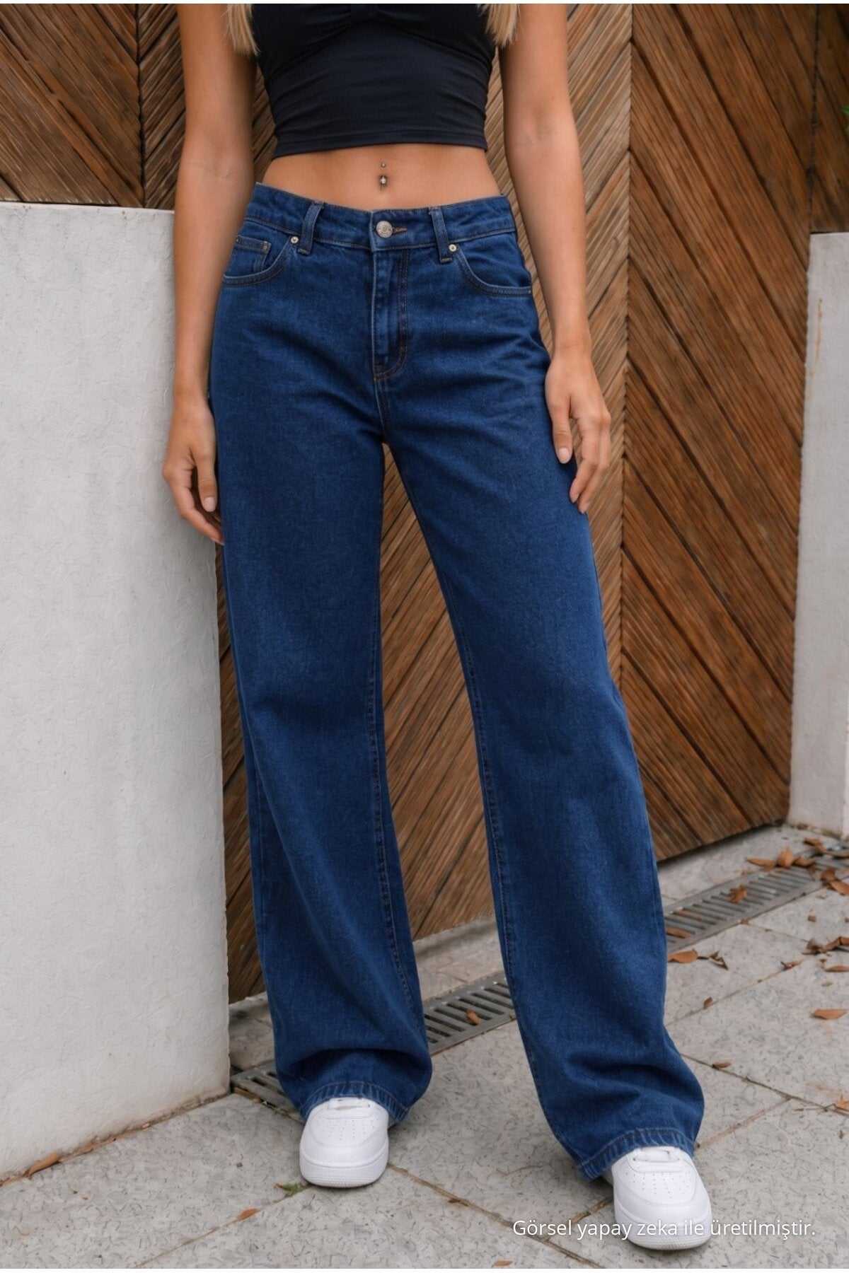 High-waisted, wide-leg, loose-fitting, stretchy palazzo jeans in navy blue. - MALLTURK