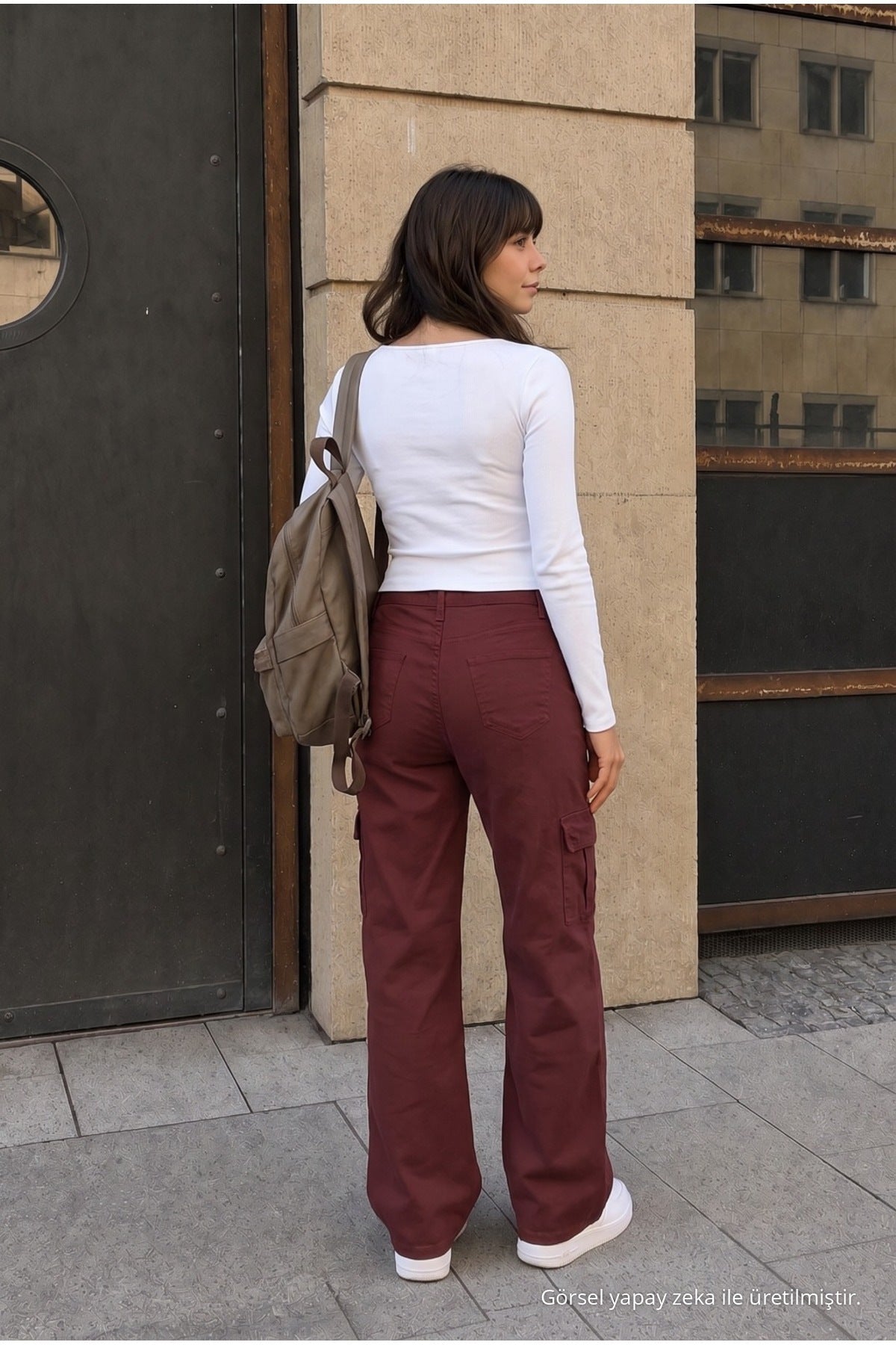 High-Waisted Wide-Leg School Pants with Cargo Pockets and Lycra Fabric, BURGUNDY - MALLTURK
