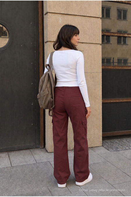High-Waisted Wide-Leg School Pants with Cargo Pockets and Lycra Fabric, BURGUNDY - MALLTURK