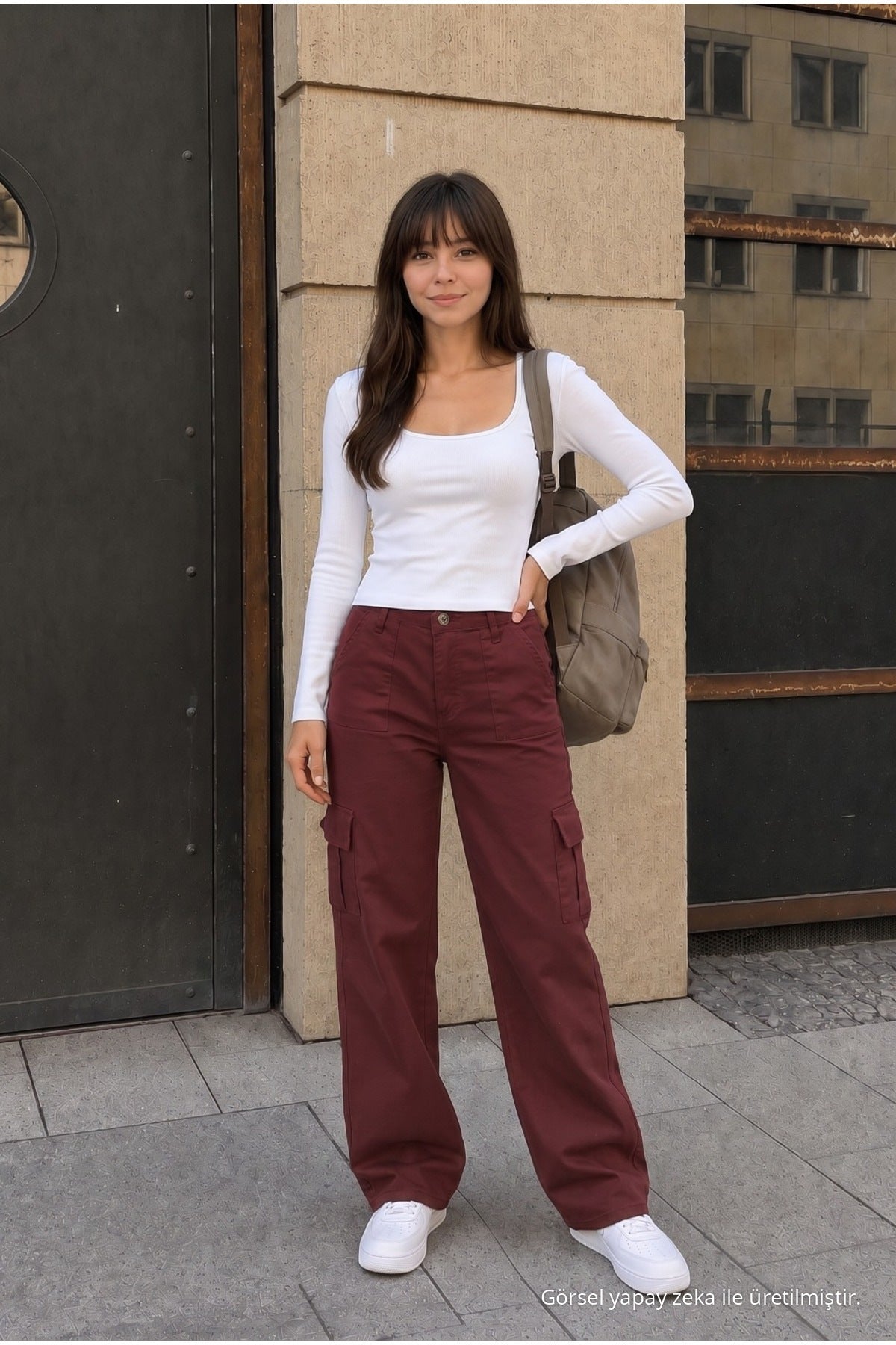 High-Waisted Wide-Leg School Pants with Cargo Pockets and Lycra Fabric, BURGUNDY - MALLTURK