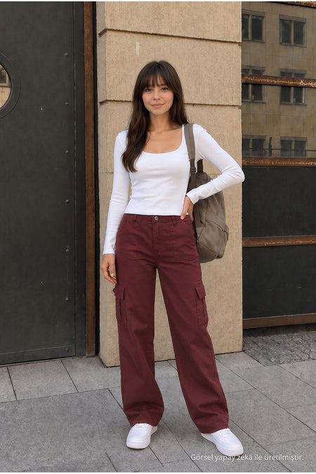 High-Waisted Wide-Leg School Pants with Cargo Pockets and Lycra Fabric, BURGUNDY - MALLTURK