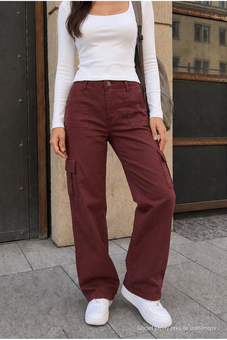 High-Waisted Wide-Leg School Pants with Cargo Pockets and Lycra Fabric, BURGUNDY - MALLTURK