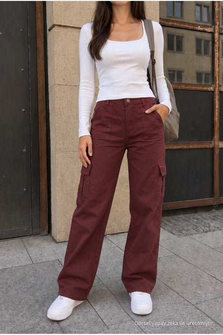 High-Waisted Wide-Leg School Pants with Cargo Pockets and Lycra Fabric, BURGUNDY - MALLTURK
