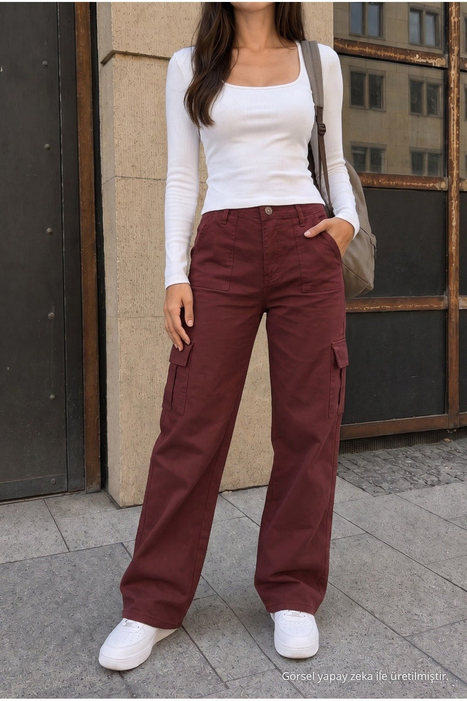 High-Waisted Wide-Leg School Pants with Cargo Pockets and Lycra Fabric, BURGUNDY - MALLTURK