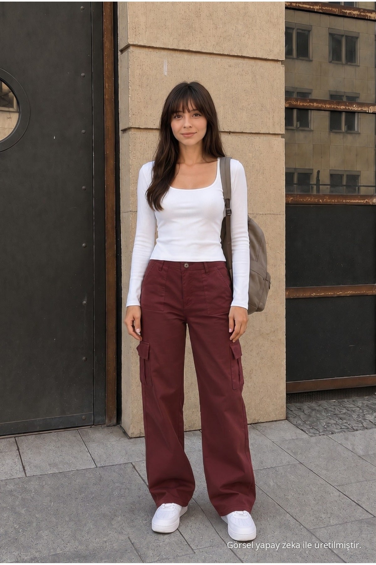 High-Waisted Wide-Leg School Pants with Cargo Pockets and Lycra Fabric, BURGUNDY - MALLTURK