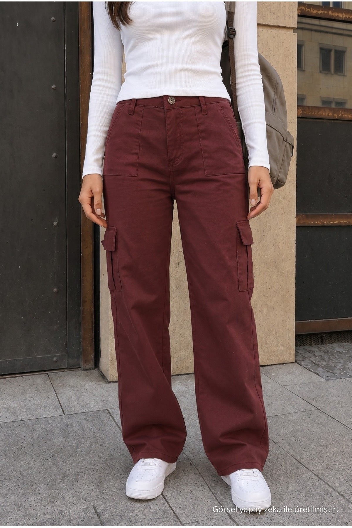 High-Waisted Wide-Leg School Pants with Cargo Pockets and Lycra Fabric, BURGUNDY - MALLTURK