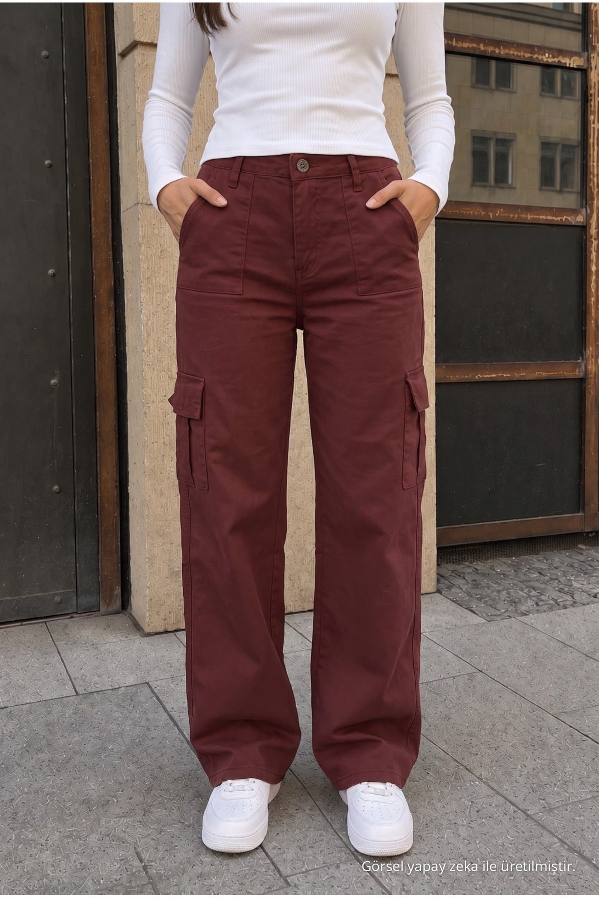 High-Waisted Wide-Leg School Pants with Cargo Pockets and Lycra Fabric, BURGUNDY - MALLTURK