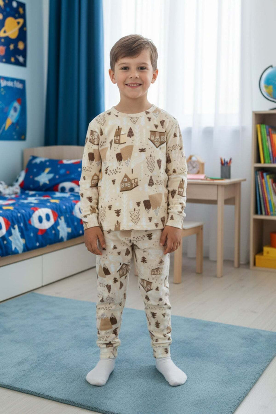 Home Patterned Fleece Unisex Children's Pajama Set - MALLTURK