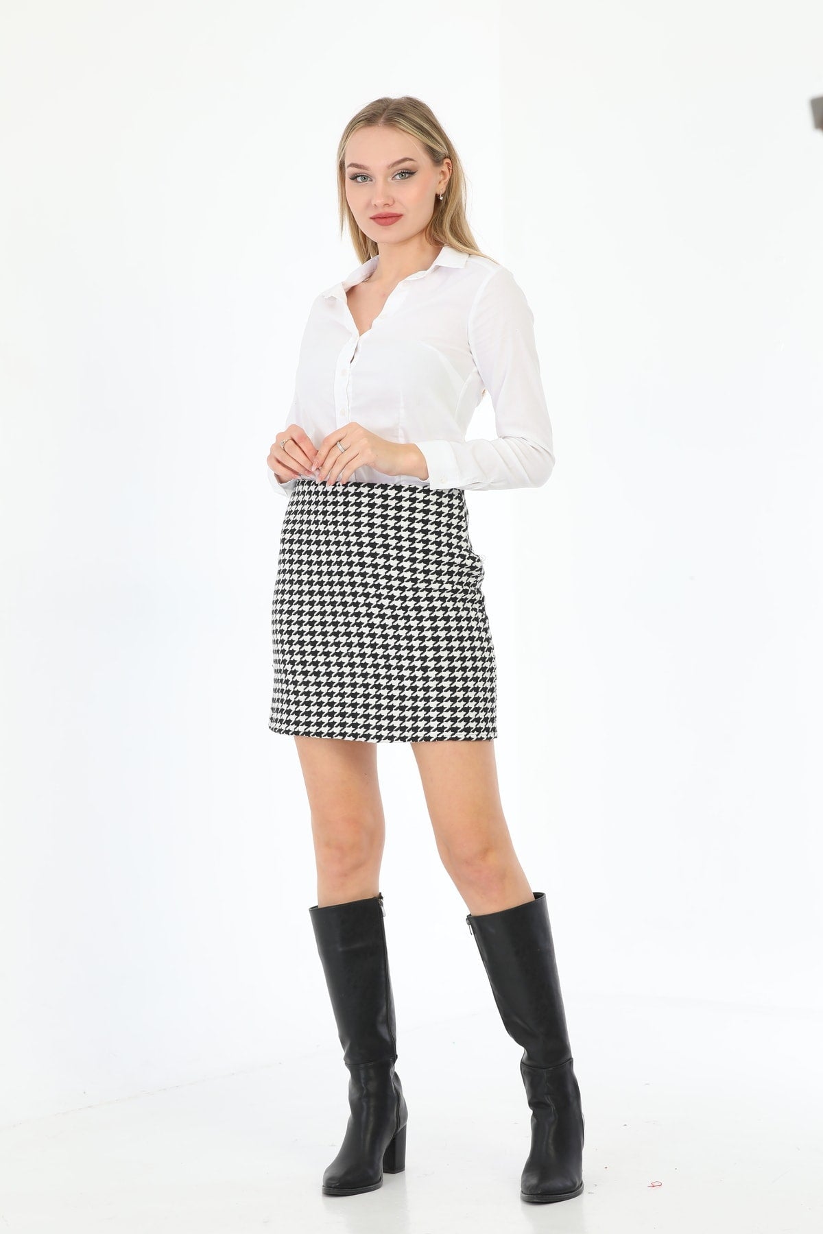 Houndstooth Pattern Tweed Skirt - MALLTURK