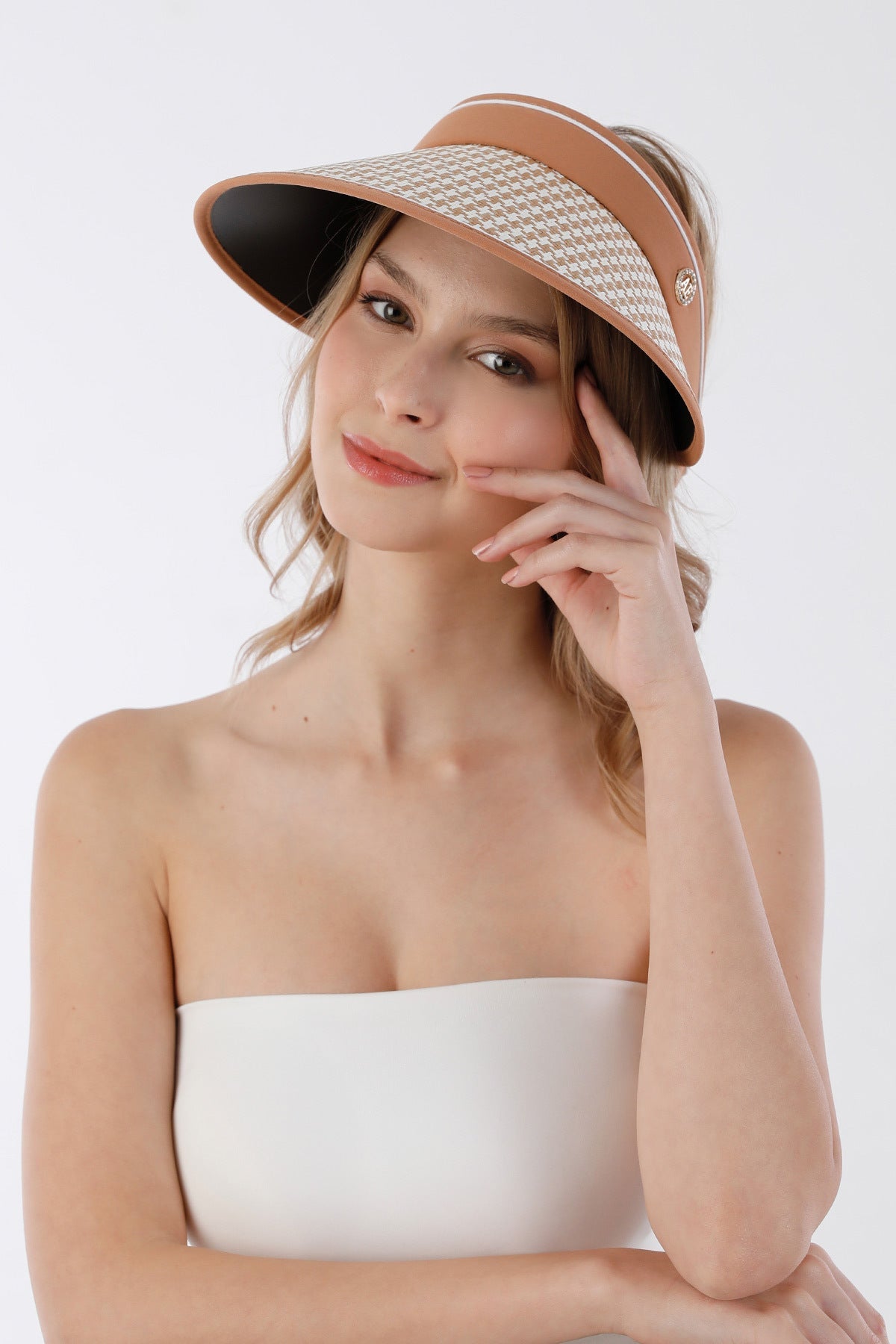Houndstooth patterned visor adjustable straw hat - MALLTURK
