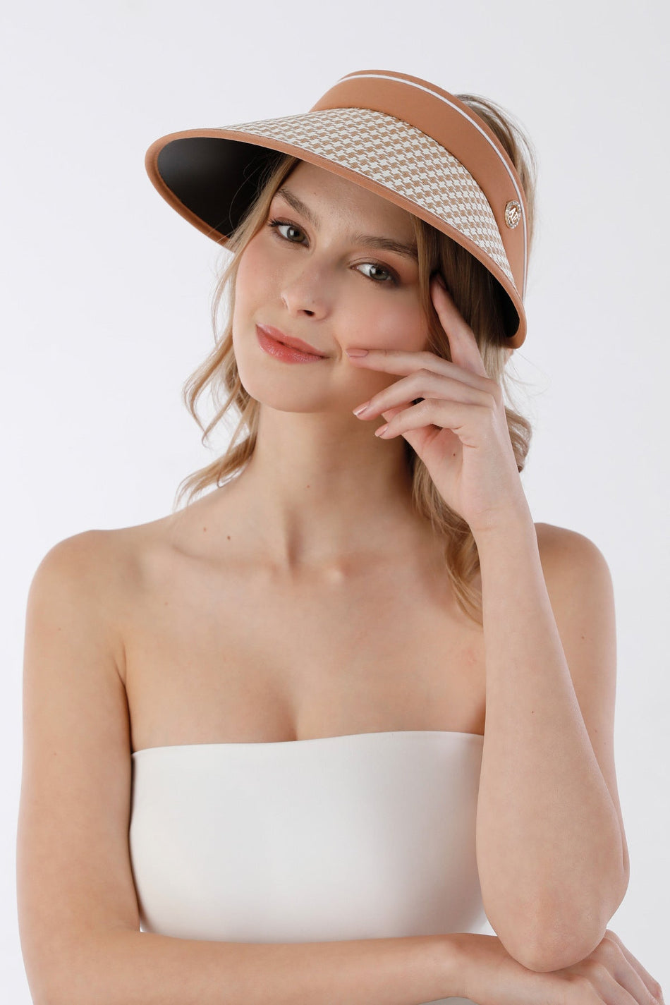 Houndstooth patterned visor adjustable straw hat - MALLTURK