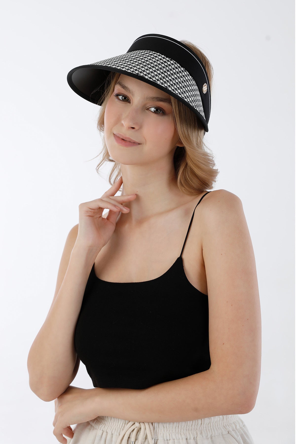 Houndstooth Patterned Visor Adjustable Straw Hat - MALLTURK
