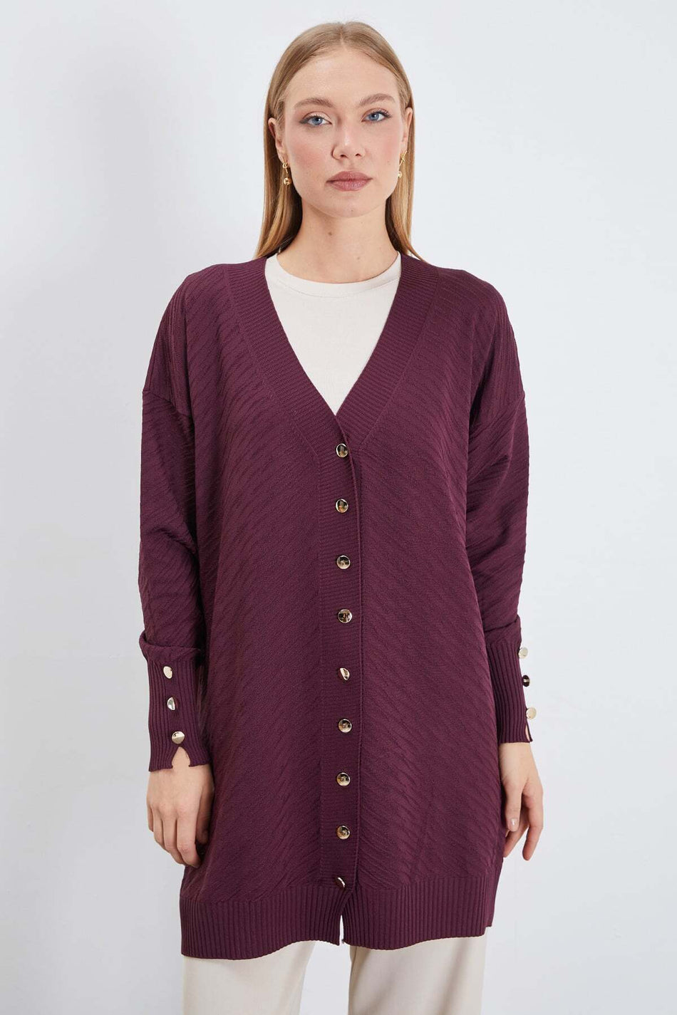 Jacquard V-Neck Buttoned Cardigan - MALLTURK