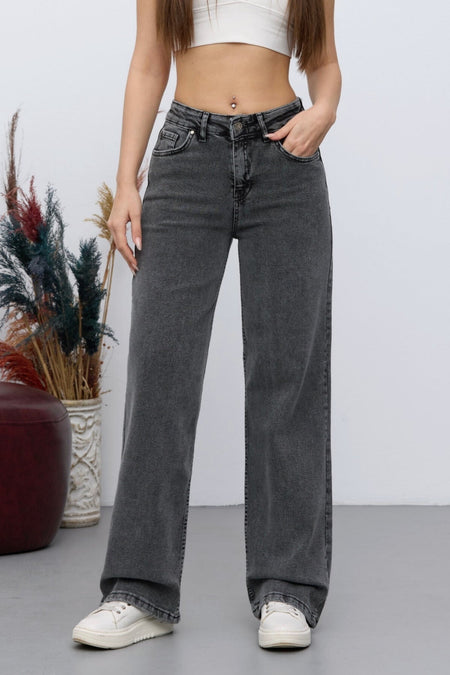 Kadın 90's Esnek Wide Leg Salaş Palazzo Kot Pantolon Gri - MALLTURK