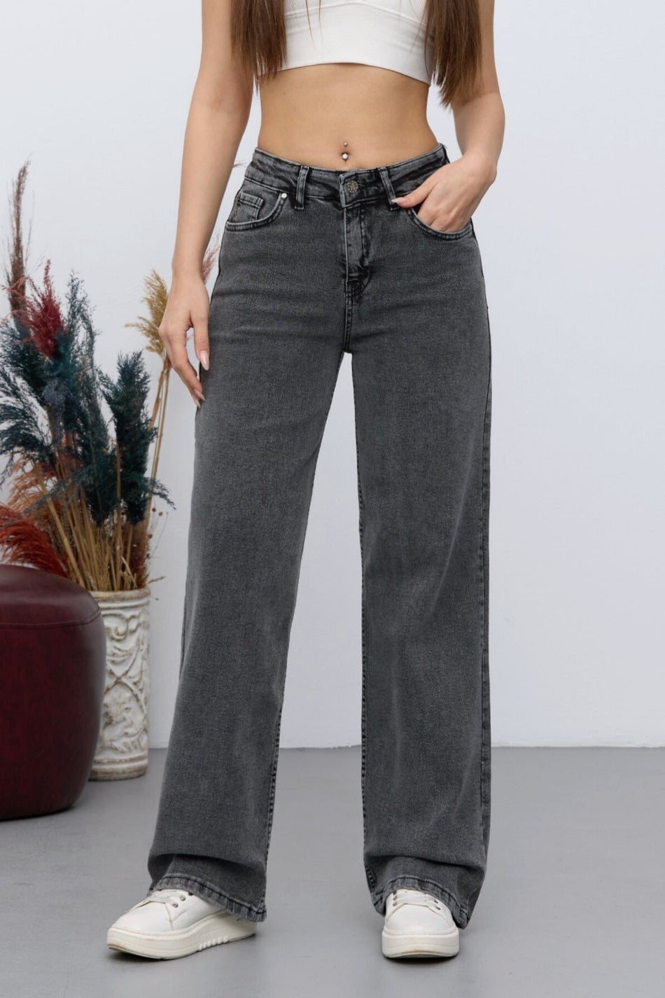 Kadın 90's Esnek Wide Leg Salaş Palazzo Kot Pantolon Gri - MALLTURK