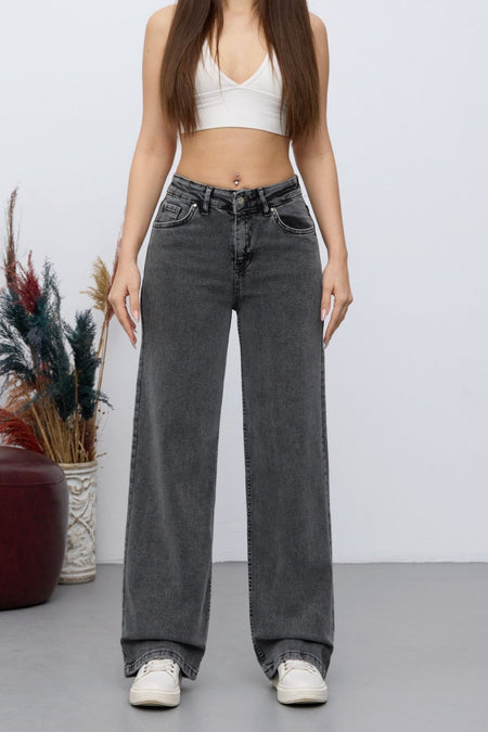 Kadın 90's Esnek Wide Leg Salaş Palazzo Kot Pantolon Gri - MALLTURK