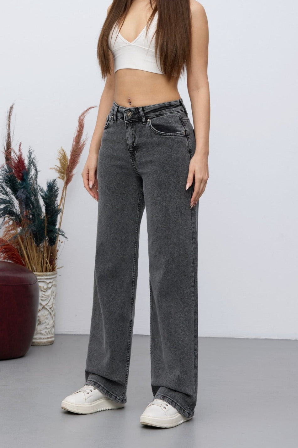 Kadın 90's Esnek Wide Leg Salaş Palazzo Kot Pantolon Gri - MALLTURK