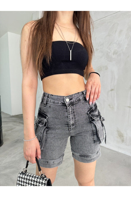 Kadın Gri Kargo Cepli Yüksek Bel Esnek Şort Jeans - MALLTURK