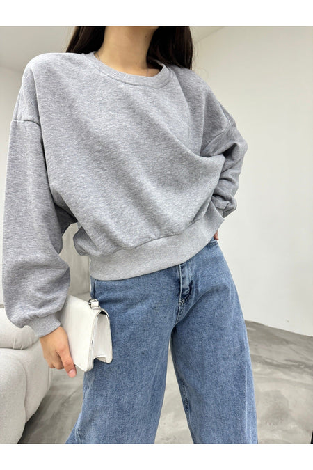 Kadın Gri Oversize Crop Sweatshirt - MALLTURK
