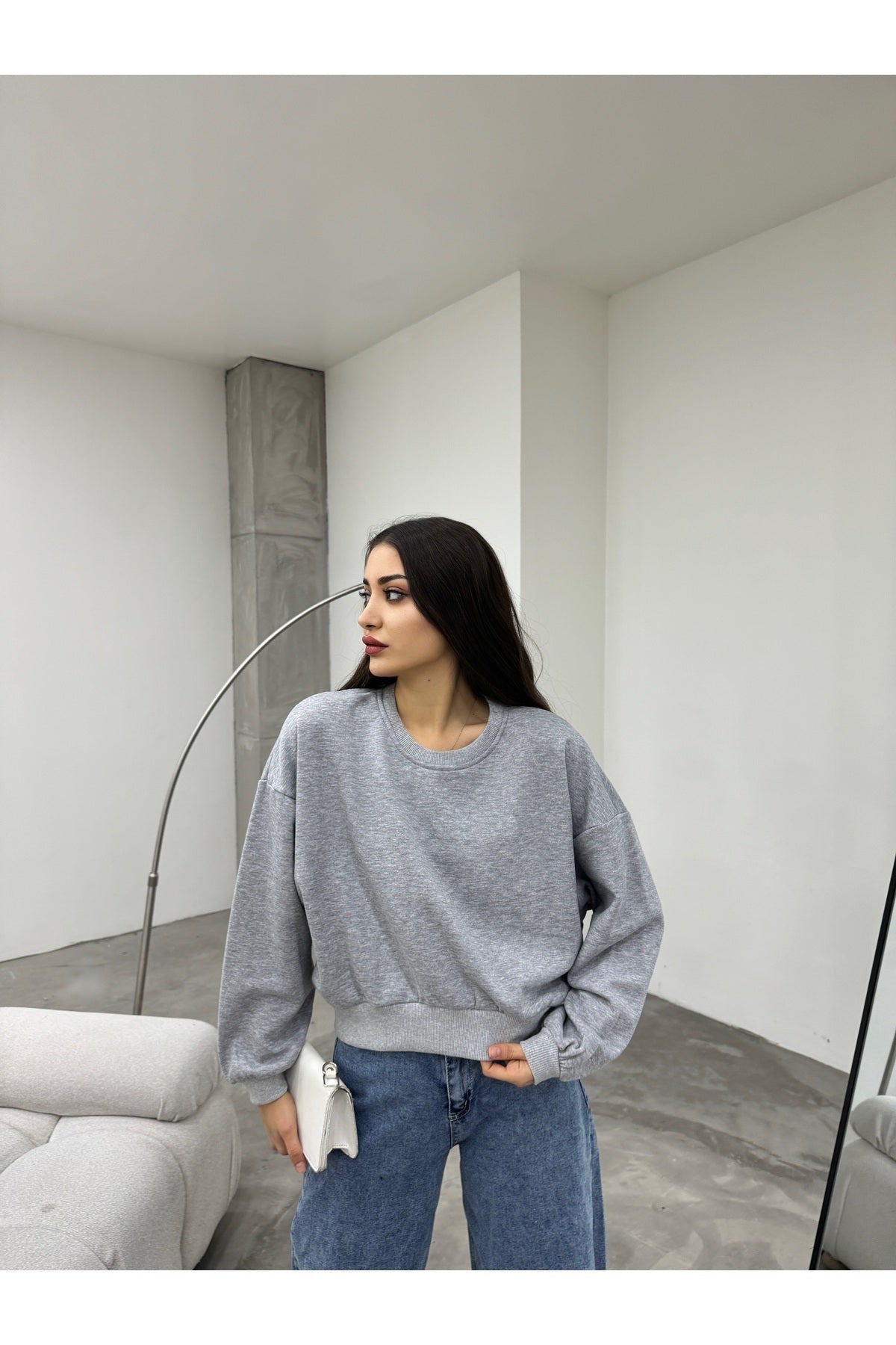Kadın Gri Oversize Crop Sweatshirt - MALLTURK