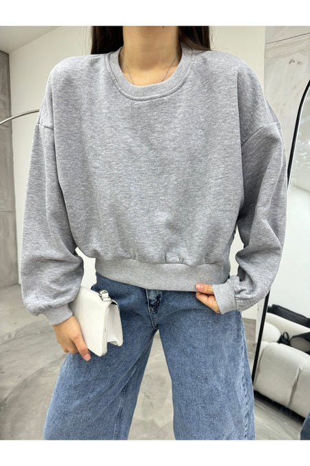 Kadın Gri Oversize Crop Sweatshirt - MALLTURK