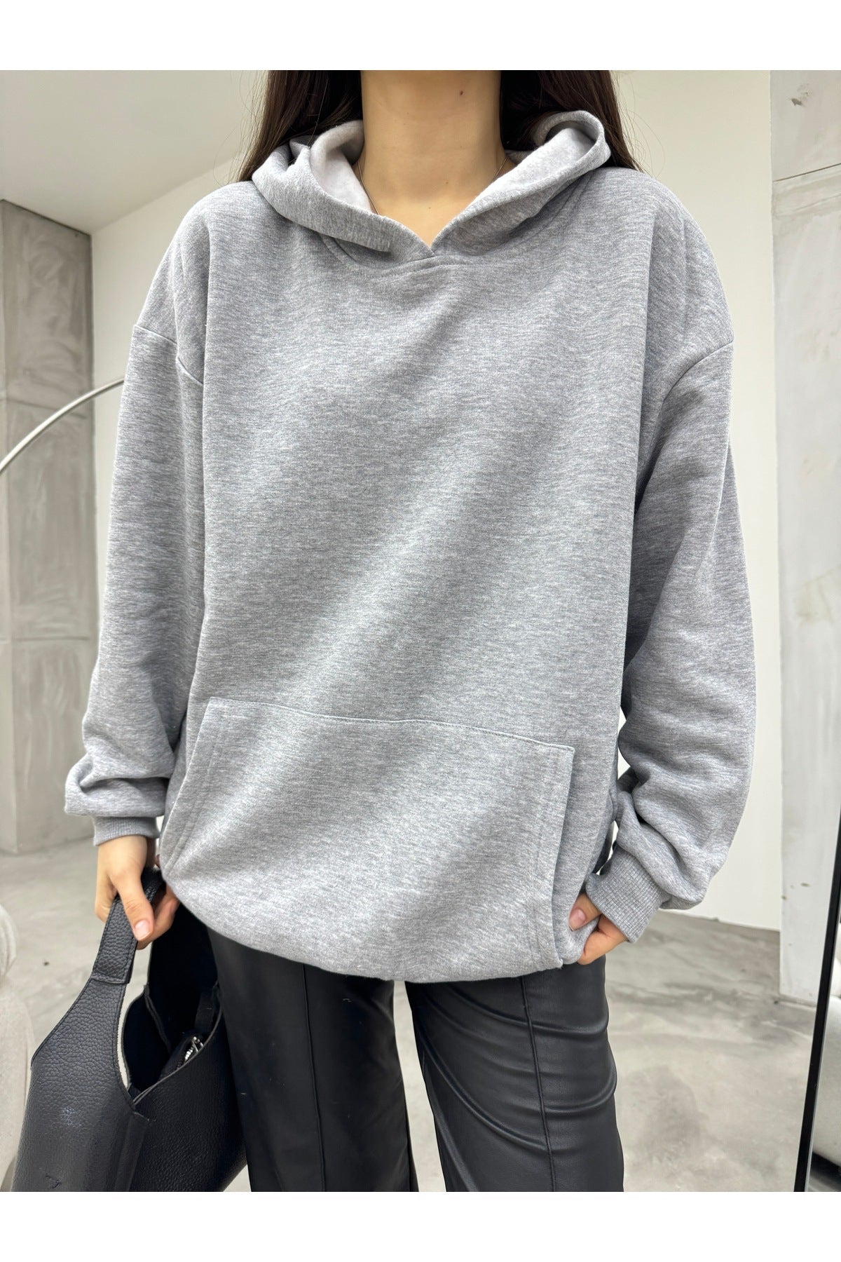Kadın GRİ Oversize Şardonlu Üç İplik Kapüşonlu Sweatshirt - MALLTURK