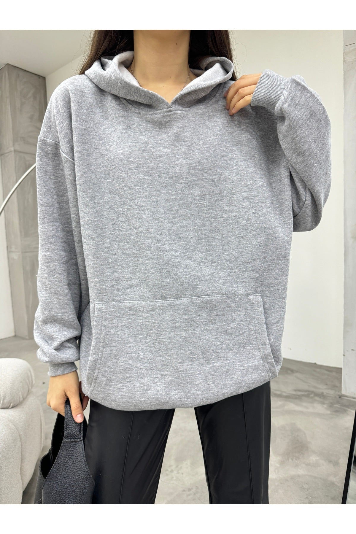 Kadın GRİ Oversize Şardonlu Üç İplik Kapüşonlu Sweatshirt - MALLTURK