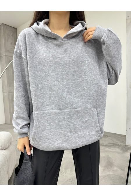 Kadın GRİ Oversize Şardonlu Üç İplik Kapüşonlu Sweatshirt - MALLTURK