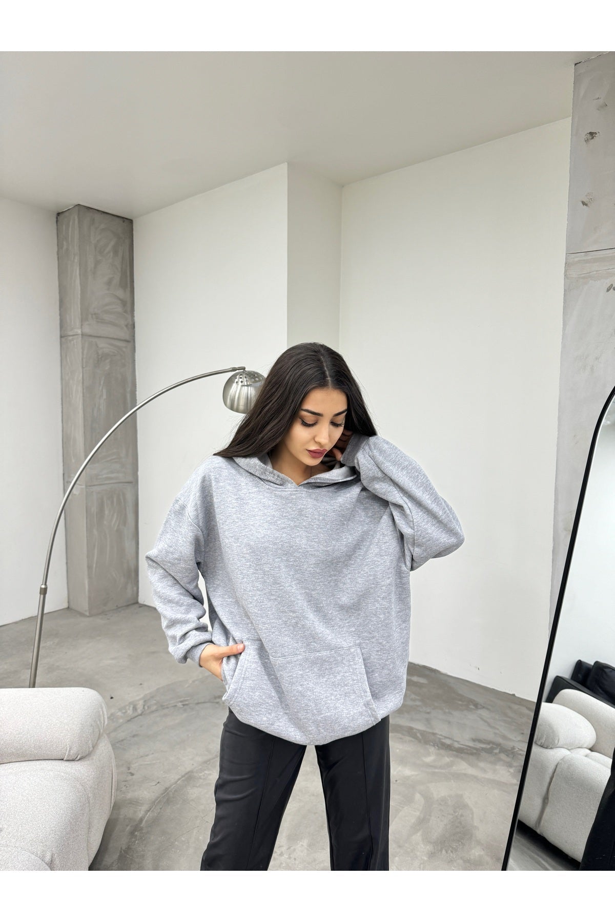 Kadın GRİ Oversize Şardonlu Üç İplik Kapüşonlu Sweatshirt - MALLTURK