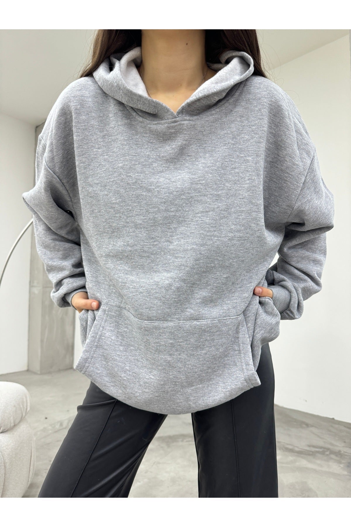 Kadın GRİ Oversize Şardonlu Üç İplik Kapüşonlu Sweatshirt - MALLTURK