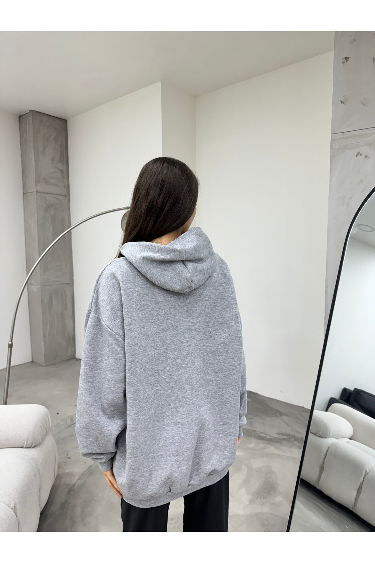 Kadın GRİ Oversize Şardonlu Üç İplik Kapüşonlu Sweatshirt - MALLTURK