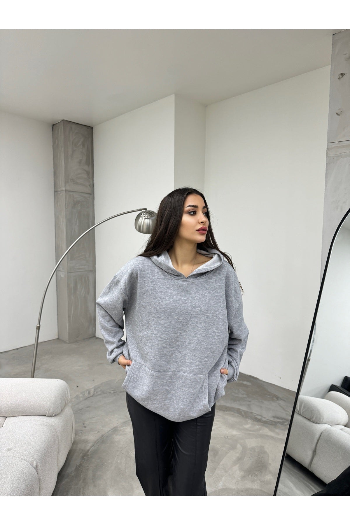 Kadın GRİ Oversize Şardonlu Üç İplik Kapüşonlu Sweatshirt - MALLTURK