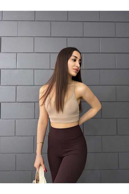 Kadın İp Askılı Fitilli Pedli Örme Crop Top Bluz bej - MALLTURK
