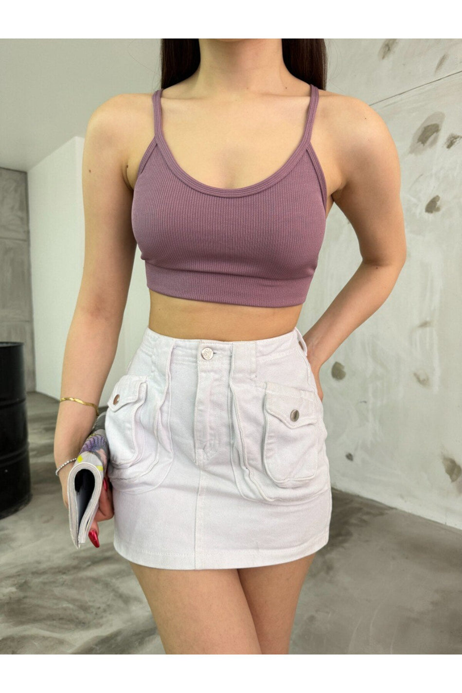 Kadın İp Askılı Fitilli Pedli Örme Crop Top Bluz Mor - MALLTURK