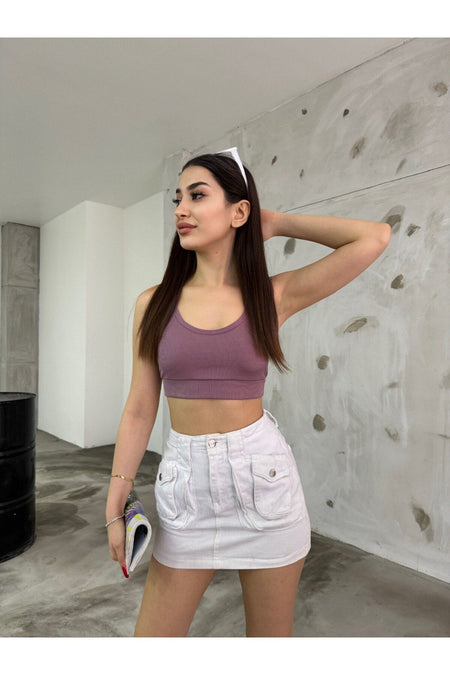 Kadın İp Askılı Fitilli Pedli Örme Crop Top Bluz Mor - MALLTURK
