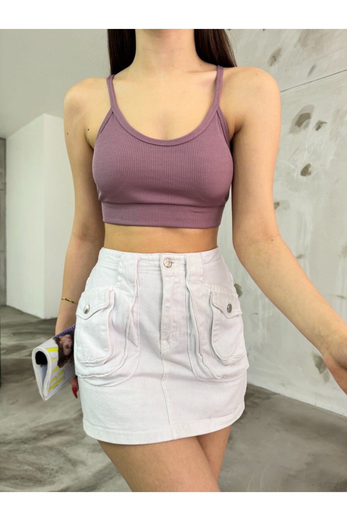 Kadın İp Askılı Fitilli Pedli Örme Crop Top Bluz Mor - MALLTURK