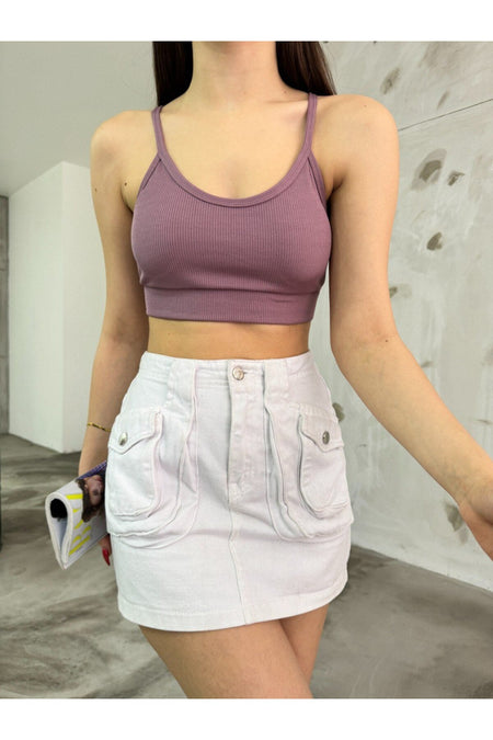 Kadın İp Askılı Fitilli Pedli Örme Crop Top Bluz Mor - MALLTURK