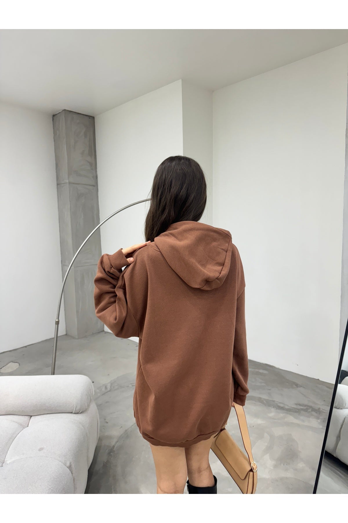 Kadın KAHVERENGİ Oversize Şardonlu Üç İplik Kapüşonlu Sweatshirt - MALLTURK