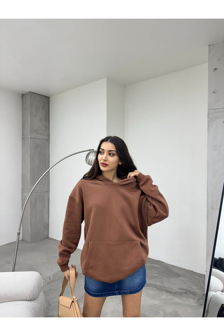 Kadın KAHVERENGİ Oversize Şardonlu Üç İplik Kapüşonlu Sweatshirt - MALLTURK