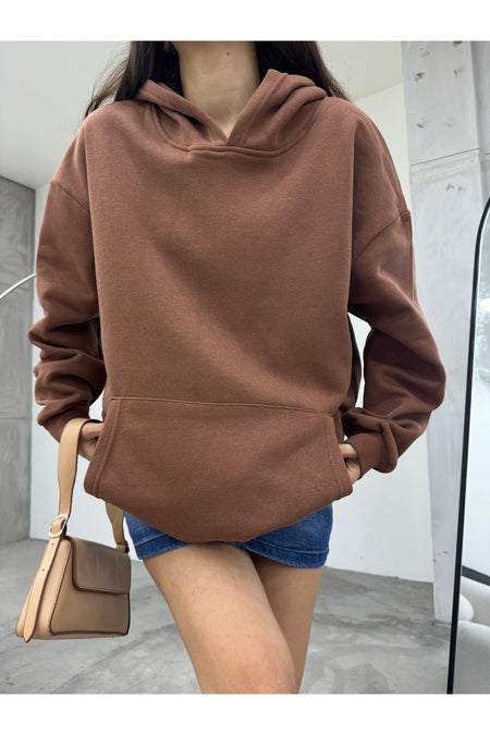 Kadın KAHVERENGİ Oversize Şardonlu Üç İplik Kapüşonlu Sweatshirt - MALLTURK