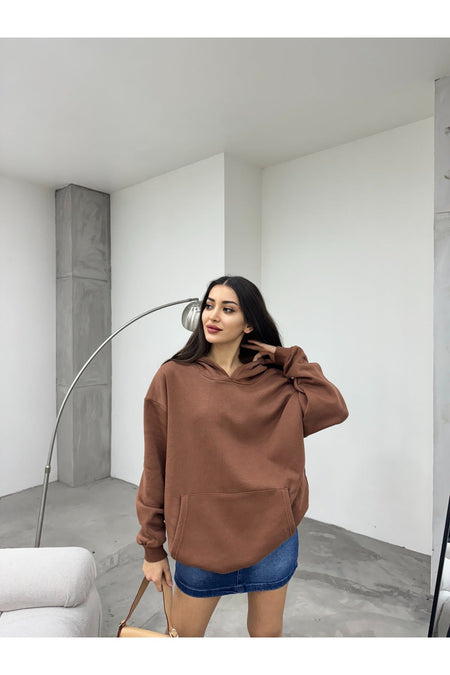 Kadın KAHVERENGİ Oversize Şardonlu Üç İplik Kapüşonlu Sweatshirt - MALLTURK