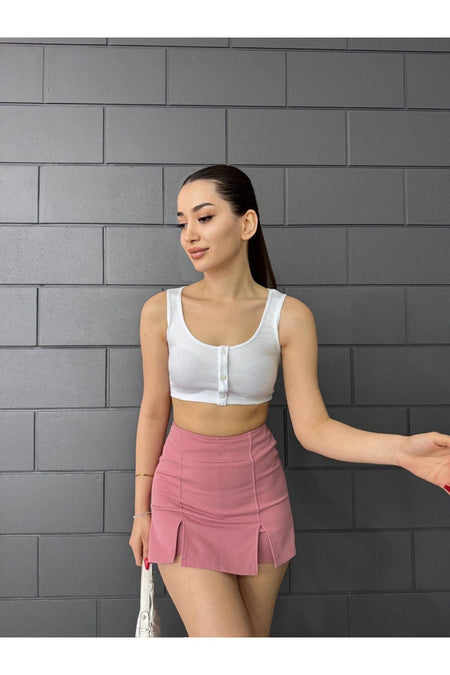 Kadın Kalın Askılı Düğme Detaylı Crop Top Büstiyer BEYAZ - MALLTURK