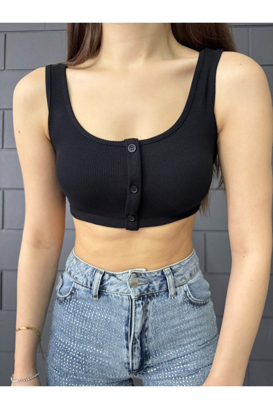 Kadın Kalın Askılı Düğme Detaylı Crop Top Büstiyer SİYAH - MALLTURK