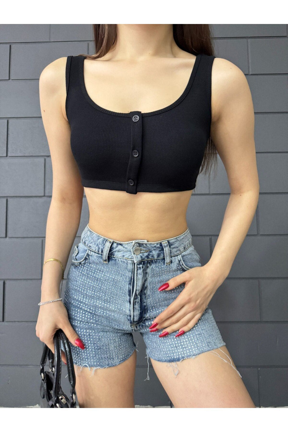 Kadın Kalın Askılı Düğme Detaylı Crop Top Büstiyer SİYAH - MALLTURK