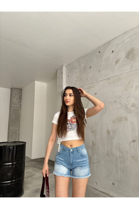 Kadın Kar Yıkama Soluk Efektli Beş Cep Yüksek Bel Paçası Püsküllü Denim Şort mavi - MALLTURK