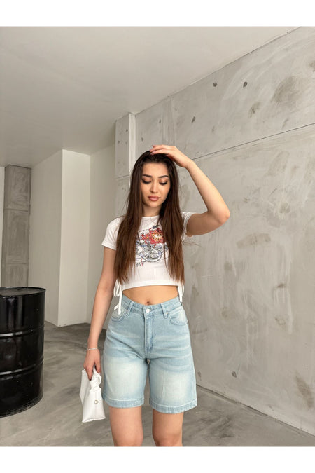 Kadın Kar Yıkama Soluk Efektli Yüksek Bel Denim Şort açık mavi - MALLTURK