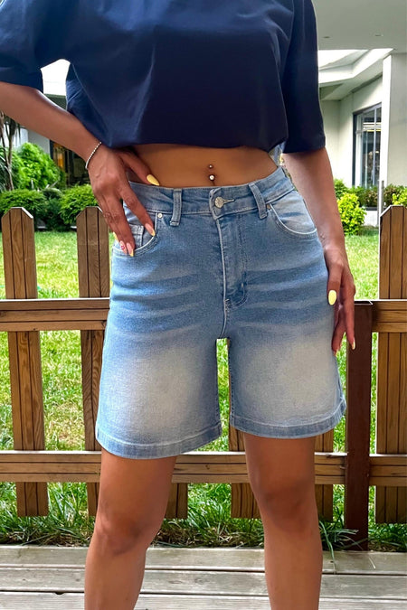 Kadın Kar Yıkama Soluk Efektli Yüksek Bel Denim Şort mavi - MALLTURK